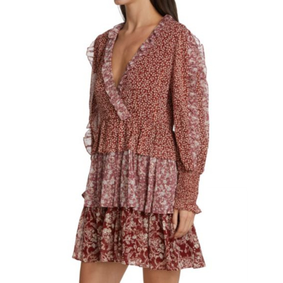 En Saison Metallic‎ Floral Mini Dress Size Medium Bohemian Ruffle Printed - Picture 1 of 10